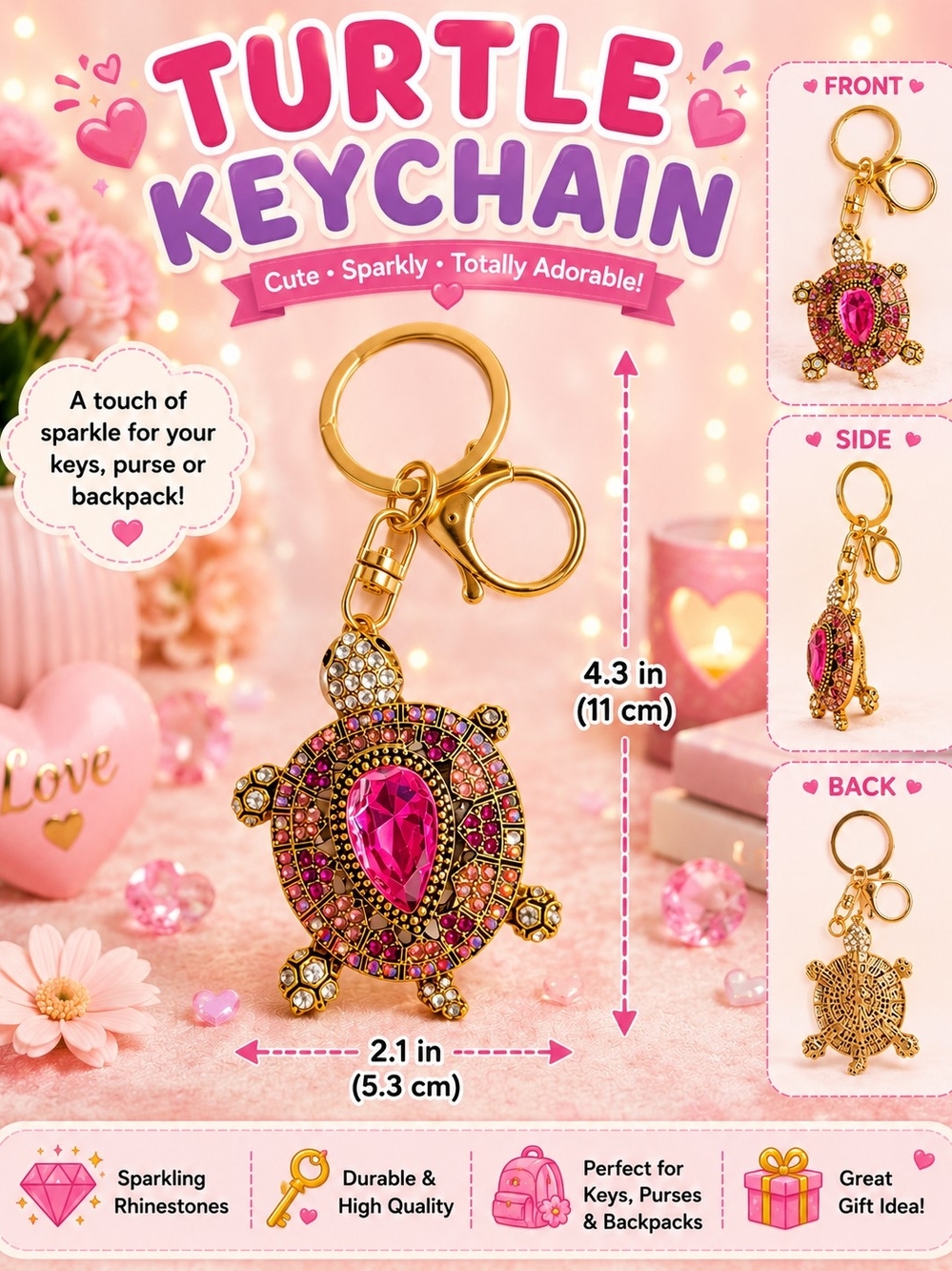 Turtle Keychain Sparkling Pink Rhinestone Charm